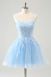 Cute Glitter Blue A Line Sequins Mini Dress with Appliques