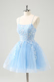 Cute Glitter Blue A Line Sequins Mini Dress with Appliques