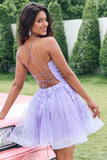 Sparkly Lilac A Line Sequined Pleated Floral Appliques Mini Dress