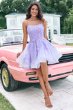 Sparkly Lilac A Line Sequined Pleated Floral Appliques Mini Dress