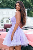 Sparkly Lilac A Line Sequined Pleated Floral Appliques Mini Dress