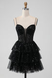 Sparkly Black Spaghetti Straps Tiered Mini Dress with Sequins