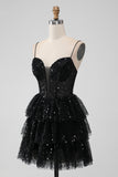 Sparkly Black Spaghetti Straps Tiered Mini Dress with Sequins