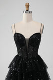 Sparkly Black Spaghetti Straps Tiered Mini Dress with Sequins