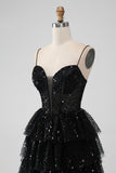 Sparkly Black Spaghetti Straps Tiered Mini Dress with Sequins