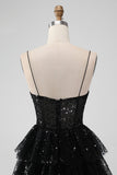 Sparkly Black Spaghetti Straps Tiered Mini Dress with Sequins