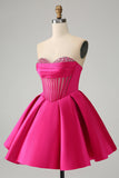 Cute Fuchsia A Line Sweetheart Corset Mini Dress with Beading