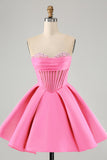 Cute Fuchsia A Line Sweetheart Corset Mini Dress with Beading