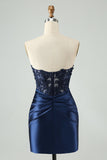 Sparkly Royal Blue Bodycon Strapless Hollow Out Mini Dress with Lace