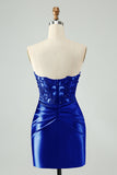 Sparkly Royal Blue Bodycon Strapless Hollow Out Mini Dress with Lace