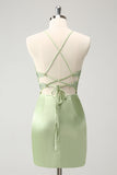 Glitter Green Spaghetti Straps Beaded Appliques Tight Corset Mini Dress