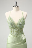 Glitter Green Spaghetti Straps Beaded Appliques Tight Corset Mini Dress