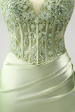 Glitter Green Spaghetti Straps Beaded Appliques Tight Corset Mini Dress