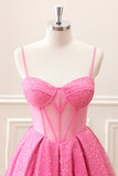 Pink A-Line Spaghetti Straps Corset Mini Dress with Sequins