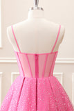 Pink A-Line Spaghetti Straps Corset Mini Dress with Sequins