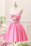 Preppy Pink A Line Spaghetti Straps Pleated Keyhole Mini Dress with Bows