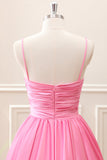 Preppy Pink A Line Spaghetti Straps Pleated Keyhole Mini Dress with Bows