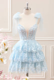 Glitter Blue A Line Embroidery Tiered Mini Dress with Appliques