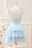 Glitter Blue A Line Embroidery Tiered Mini Dress with Appliques