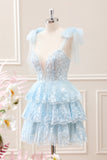 Glitter Blue A Line Embroidery Tiered Mini Dress with Appliques