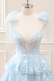 Glitter Blue A Line Embroidery Tiered Mini Dress with Appliques