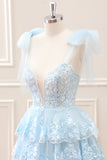 Glitter Blue A Line Embroidery Tiered Mini Dress with Appliques