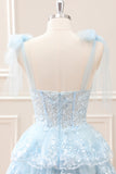 Glitter Blue A Line Embroidery Tiered Mini Dress with Appliques