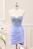 Lilac Strapless Ruched Corset Homecoming Dress with Appliques