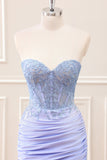 Lilac Strapless Ruched Corset Homecoming Dress with Appliques