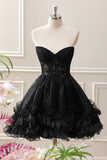 Black A Line Ruffles Corset Beaded Tulle Strapless Mini Dress