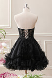 Black A Line Ruffles Corset Beaded Tulle Strapless Mini Dress