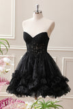 Black A Line Ruffles Corset Beaded Tulle Strapless Mini Dress