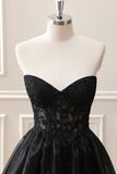 Black A Line Ruffles Corset Beaded Tulle Strapless Mini Dress