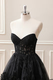 Black A Line Ruffles Corset Beaded Tulle Strapless Mini Dress