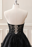 Black A Line Ruffles Corset Beaded Tulle Strapless Mini Dress