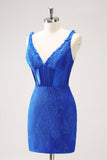 Sparkly Royal Blue Corset Beaded Lace Appliques Tight Mini Dress