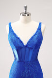 Sparkly Royal Blue Corset Beaded Lace Appliques Tight Mini Dress