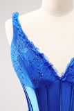 Sparkly Royal Blue Corset Beaded Lace Appliques Tight Mini Dress