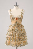 Golden A-Line Spaghetti Straps Sequined Mini Dress with Flower