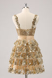 Golden A-Line Spaghetti Straps Sequined Mini Dress with Flower