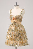 Golden A-Line Spaghetti Straps Sequined Mini Dress with Flower