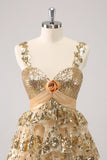 Golden A-Line Spaghetti Straps Sequined Mini Dress with Flower