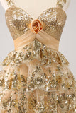 Golden A-Line Spaghetti Straps Sequined Mini Dress with Flower