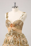 Golden A-Line Spaghetti Straps Sequined Mini Dress with Flower