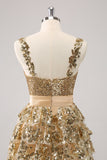 Golden A-Line Spaghetti Straps Sequined Mini Dress with Flower