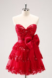 Red Sequined A Line Tiered Corset Strapless Mini Dress with Bows