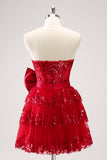 Red Sequined A Line Tiered Corset Strapless Mini Dress with Bows