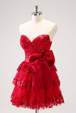 Red Sequined A Line Tiered Corset Strapless Mini Dress with Bows