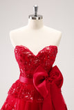 Red Sequined A Line Tiered Corset Strapless Mini Dress with Bows