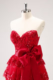 Red Sequined A Line Tiered Corset Strapless Mini Dress with Bows